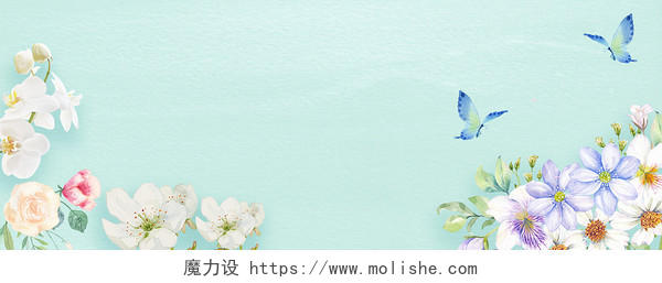 唯美白色花朵水彩花卉素材淡绿色背景展板